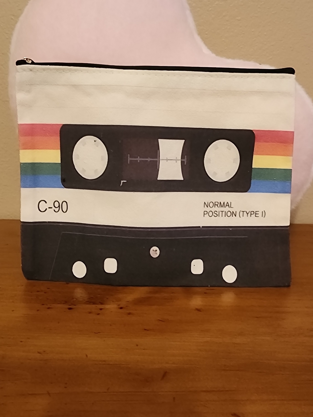 Retro Cassette Print Cosmetic Pouch - White with Rainbow Stripe